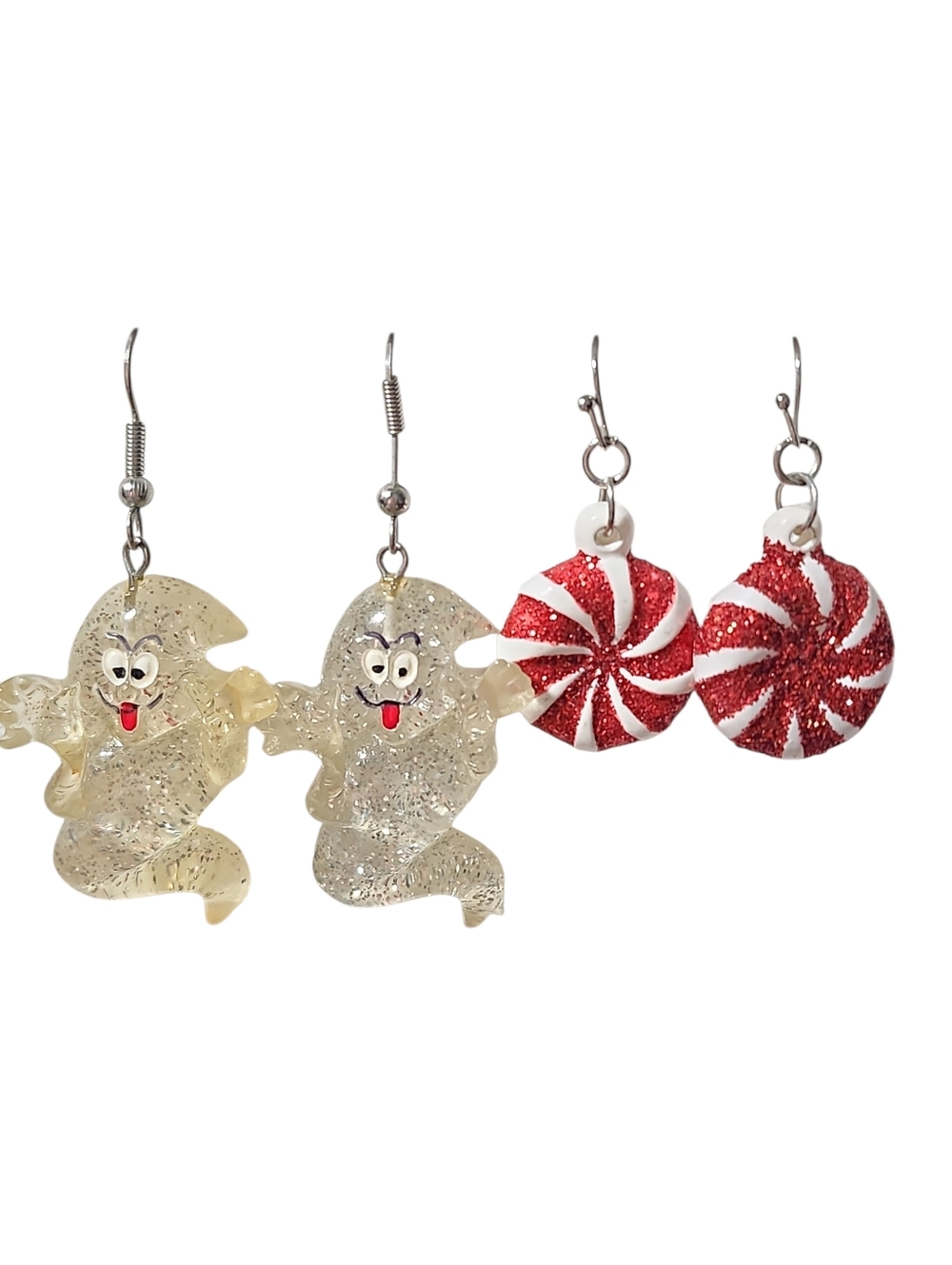 Bundle Cute Peppermint & Sparkle Ghost Earrings - Red, White, Clear